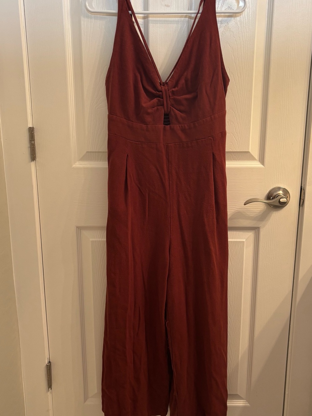 ANRABESS Rust Red Linen Blend Wide Leg Jumpsuit Deep V Smocked Back L - Picture 3 of 13